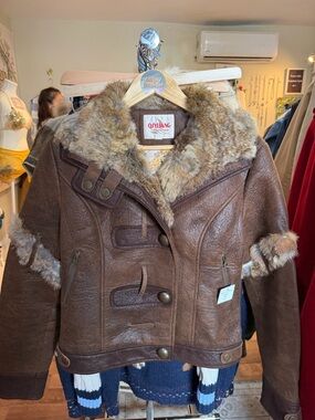 Brown Rabbit Fur Trim Leather Jacket